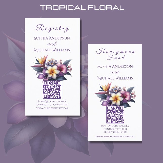 Carte De Visite Flore tropicale - Registre - Lune de miel (Tropical Floral Registry and Honeymoon Fund Card-Beach Wedding-Coastal-Purple)