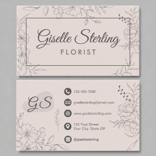 Carte De Visite Florisant Floral Blush Rose Floral Line Art