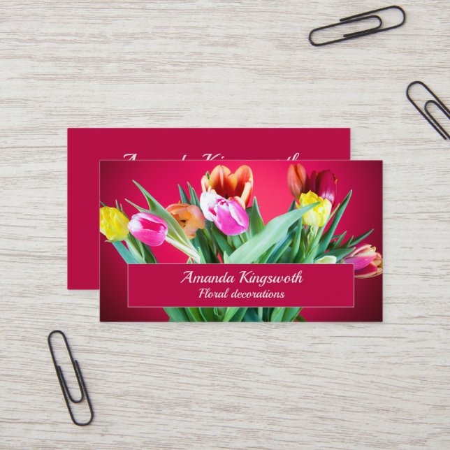 Carte De Visite Florist rouge tulipes entreprise avec texte person (Devant/Arrière en situation)