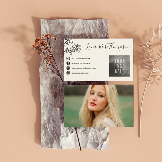 Carte De Visite Flower Branch Black Social Media Photo & Logo (Créateur téléchargé)