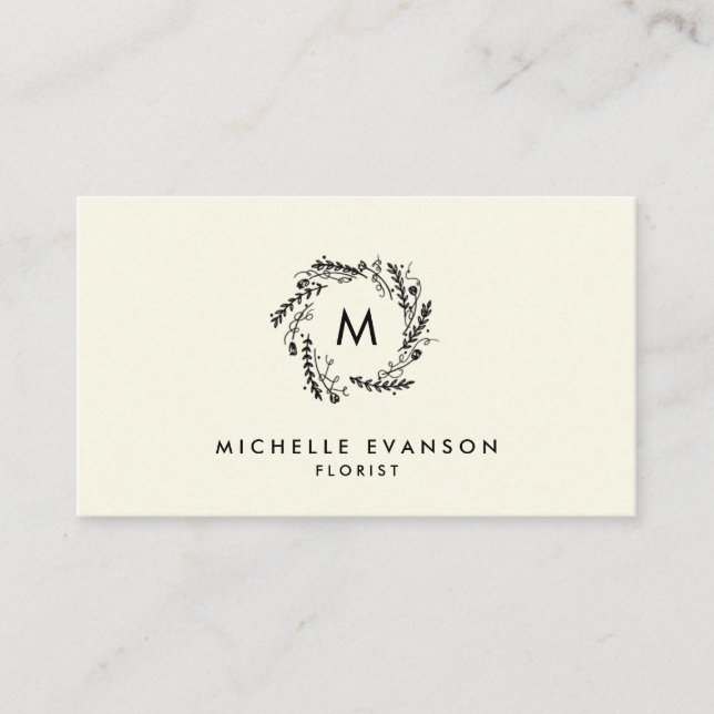 Carte De Visite Flower Shop Monogramme Crème de couronne et noir (Devant)