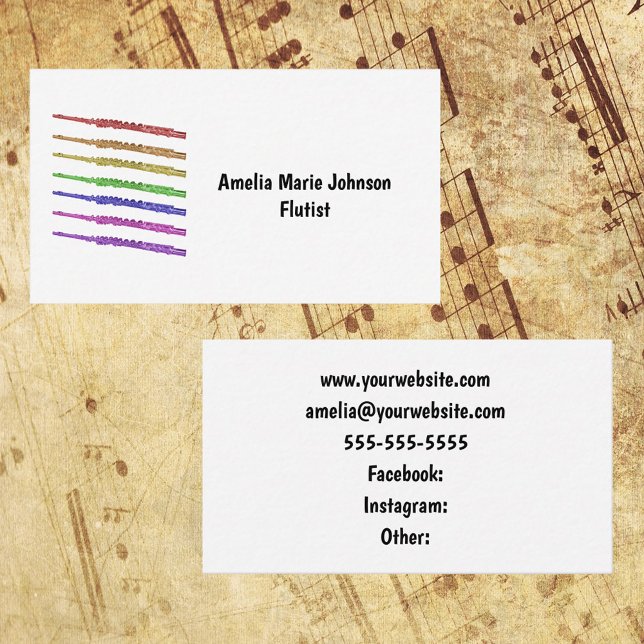 Carte De Visite Flute arc-en-ciel Personnaliser (A business card with a colorful flute design and text you can personalize!)