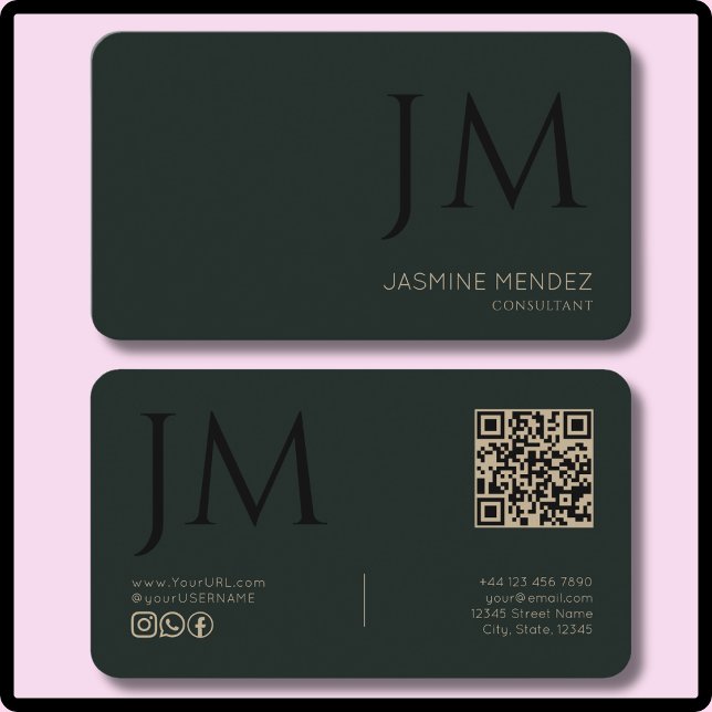 Carte De Visite Foncé Obsidienne Kaki Noir Monogramme Code QR Mode (Créateur téléchargé)