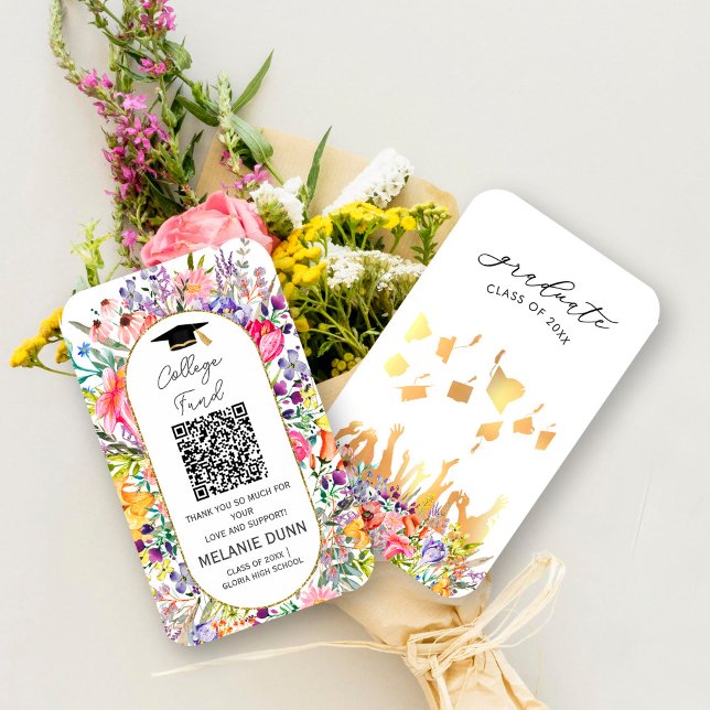 Carte De Visite Fonds de bourse universitaire Pretty Wildflower gr (Pretty Wildflower College fund graduation enclosure card, #zazzlemade #graduateqrcode #bloomspring )