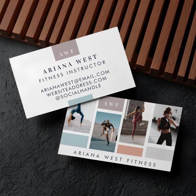Carte De Visite Four Photo Collage moderne Fitness de l'entraîneur (Modern Four Photo Collage Personal Trainer Fitness Business Card)