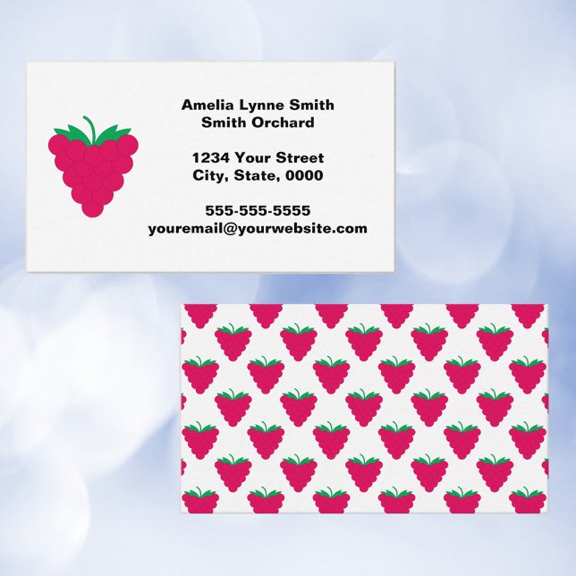 Carte De Visite Framboise Fruit Rose Personnaliser (A business card with a raspberry theme and text you can personalize.)