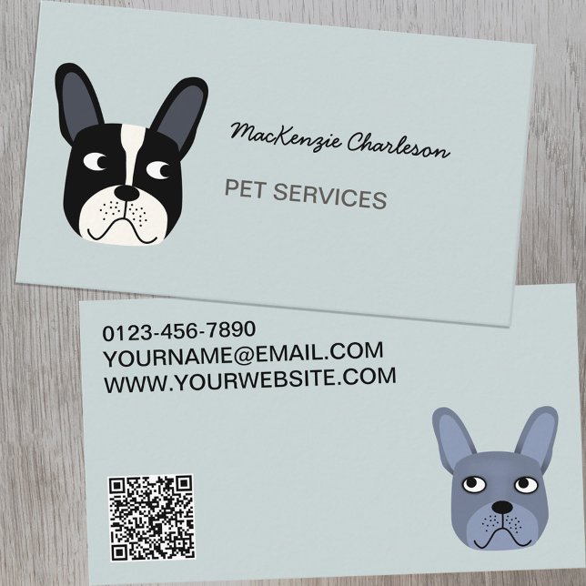 Carte De Visite French Bulldog Pet Services Code QR (Dog French Bulldock animal pet dog business cards with QR code)