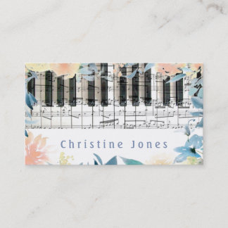 Carte De Visite frontière entre piano et fleurs d'aquarelle