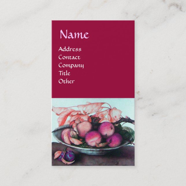 Carte De Visite FRUITS DE SAISON Pêches, pruneaux et Feuille (Devant)