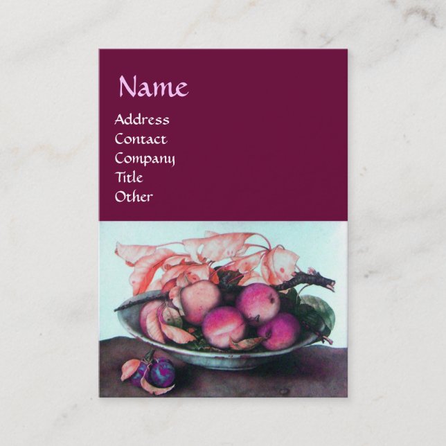 Carte De Visite FRUITS DE SAISON Pêches, pruneaux et Feuille (Devant)