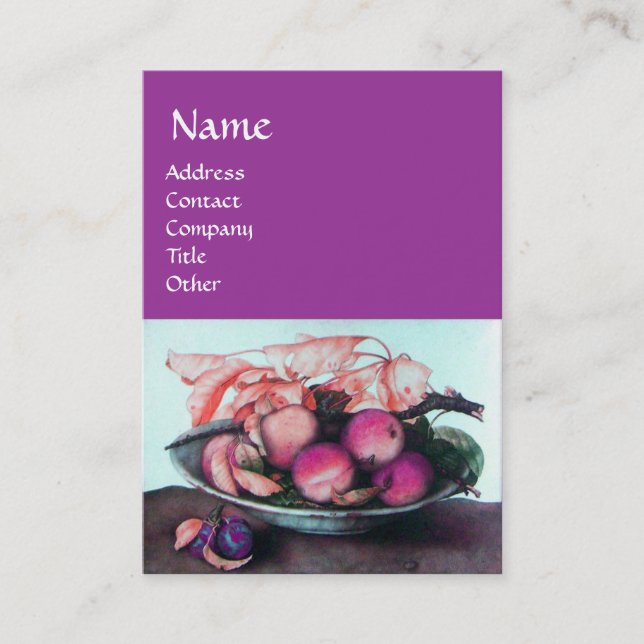 Carte De Visite FRUITS DE SAISON Pêches, pruneaux et Feuille viole (Devant)