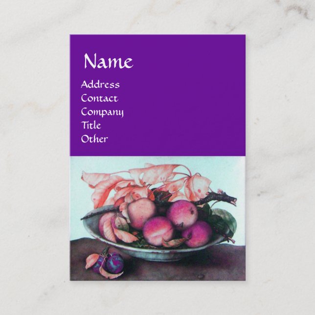 Carte De Visite FRUITS DE SAISON Pêches, pruneaux et Feuille viole (Devant)