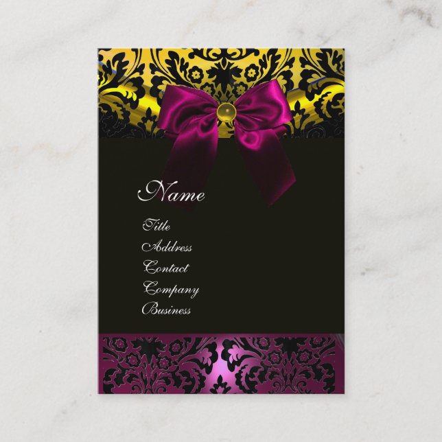 CARTE DE VISITE FUCHSIA RIBBON OR NOIR JAUNE DOMMASQUE MONOGRAMME (Devant)
