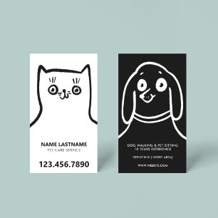 Carte De Visite Fun Chat Chien main tiré noir blanc Service pour a