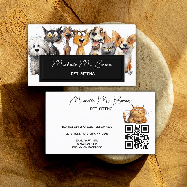 Carte De Visite Funny Crazy Cats Chiens Animal Sitter QR Code Blan (Créateur téléchargé)