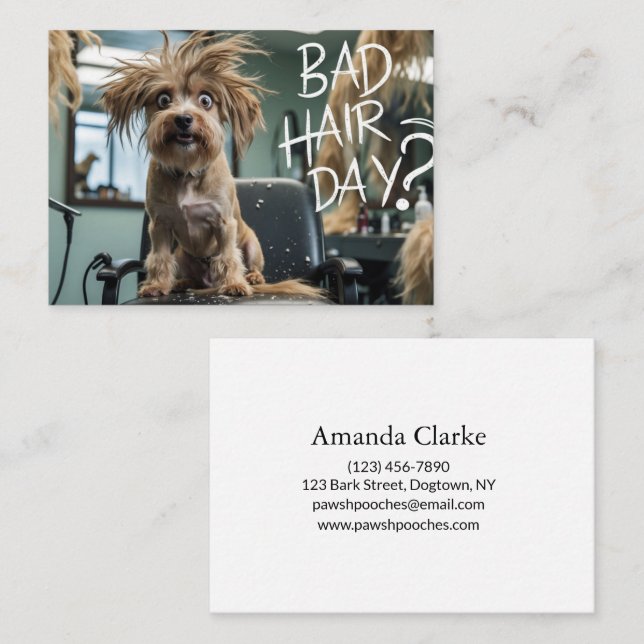 Carte De Visite Funny Dog Grooming Business Card – “Bad Hair Day?” (Devant / Derrière)