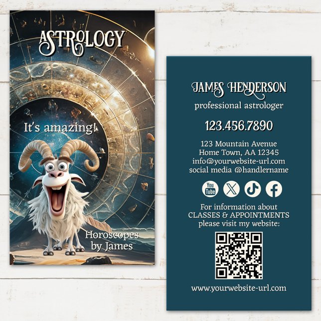 Carte De Visite Funny Professional Astrologer (Professional astrologer business card showing a funny design with an Aries - QR code - social media)