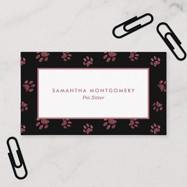 Carte De Visite Garde d'animaux à empreinte de patte pailletée or  (Rose Gold Glitter Paw Print Pet Sitter Business Card)