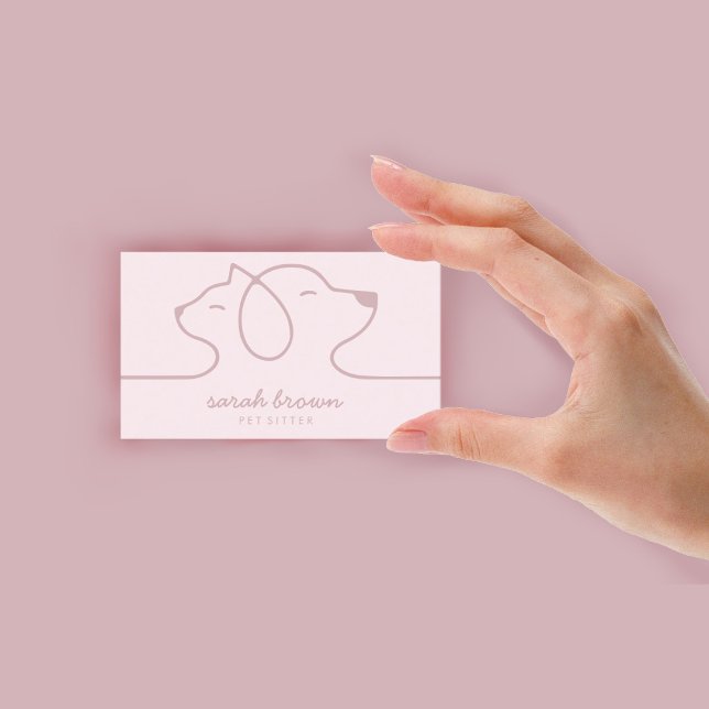 Carte De Visite Garde d'animaux de compagnie Logo Ligne Rose Douce (Cat Dog Soft Pink Line Logo Petsitter Business Card)