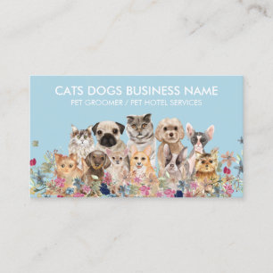 Carte De Visite Garde d'animaux Fleurs Blanches Bleues Chiens Chat