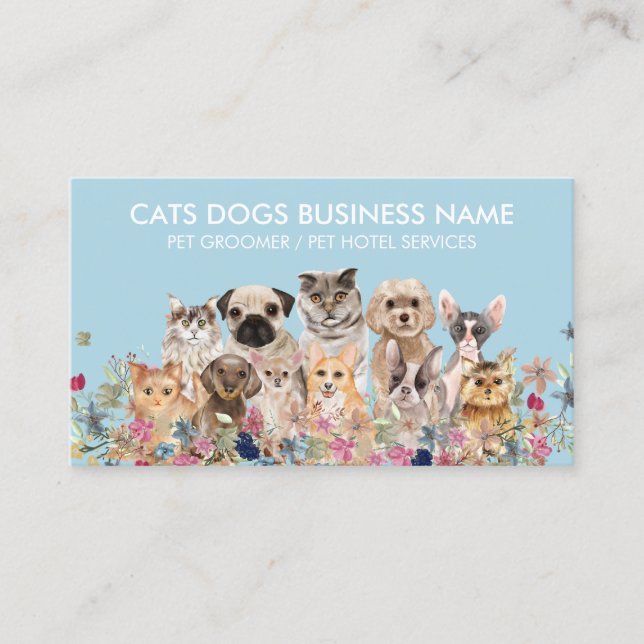 Carte De Visite Garde d'animaux Fleurs Blanches Bleues Chiens Chat (Devant)