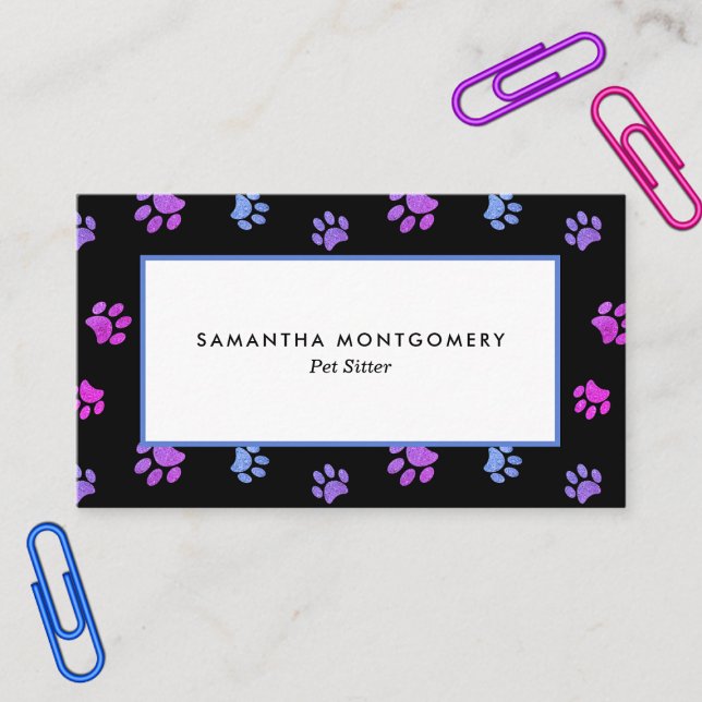 Carte De Visite Garde d'animaux professionnelle empreinte de patte (Purple Pink Blue Paw Print Professional Pet Sitter Business Card)
