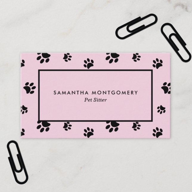 Carte De Visite Garde d'animaux professionnelle Empreintes de patt (Pink and Black Paw Prints Professional Pet Sitter Business Card)