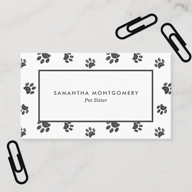 Carte De Visite Garde d'animaux professionnelle Empreintes de patt (Silver Glitter Paw Prints Professional Pet Sitter Business Card)
