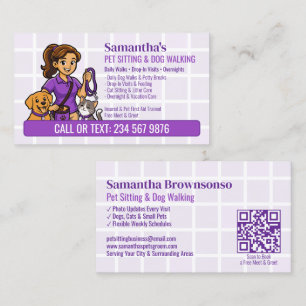 Carte De Visite Garde d'animaux QR Fille Cartoon Chien Chat Laisse