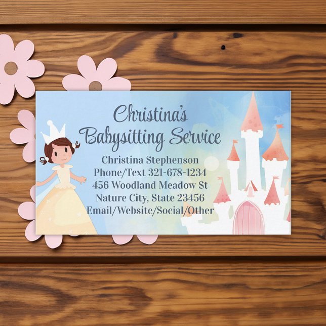 Carte De Visite Garde d'enfants Château de Princesse Fête d'Enfant (princess party babysitting daycare business card)