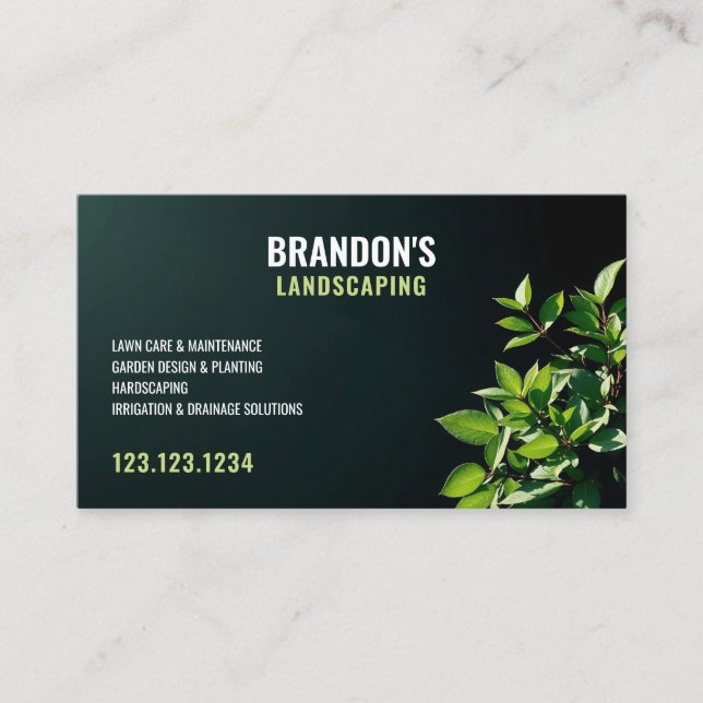 Carte De Visite Gardener Arrière - plan foncé Feuille vert profess (Devant)