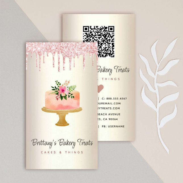 Carte De Visite Gâteau code QR Blush rose paillettes coulures or B (Créateur téléchargé)