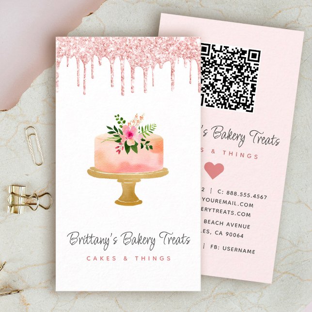 Carte De Visite Gâteau code QR Blush rose paillettes Drips Pâtissi (Créateur téléchargé)