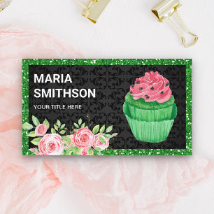 Carte De Visite Gâteau Cupcake en velours vert floral Roses roses