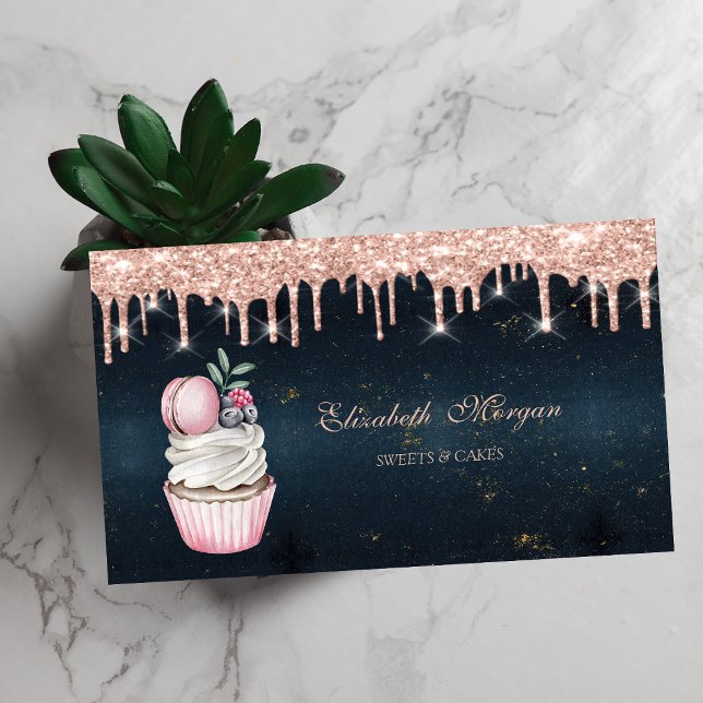 Carte De Visite Gâteau Cupcake Macaron Gouttes de Rose Dorée Bleu  (Créateur téléchargé)