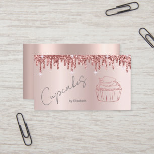 Carte De Visite Gâteau Cupcake Pailleté Élégant Drips Rose Gold 