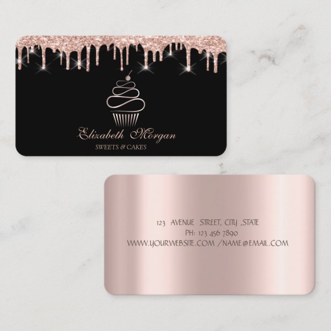 Carte De Visite Gâteau Cupcake Rose Gold Drips Noir  (Devant / Derrière)