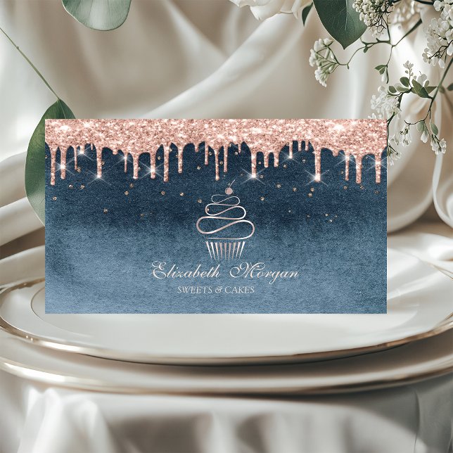 Carte De Visite Gâteau Cupcake Rose Gold Gouttes Diamants Bleu  (Créateur téléchargé)