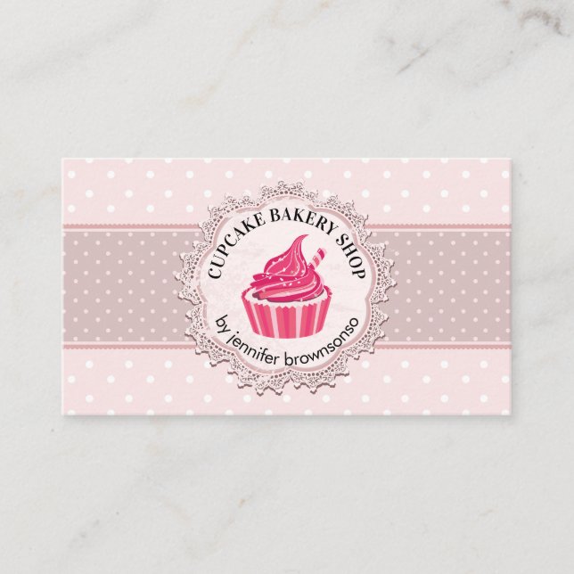 Carte De Visite Gâteau Cupcake Rose Mignon à Points (Devant)