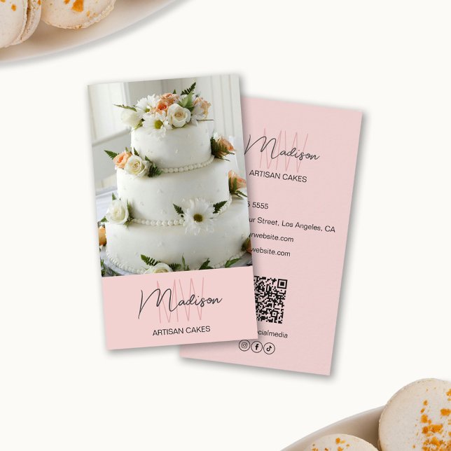 Carte De Visite Gâteau de boulangerie avec logo monogramme rose (Monogram Logo Bakery Cake Pink Business Card)