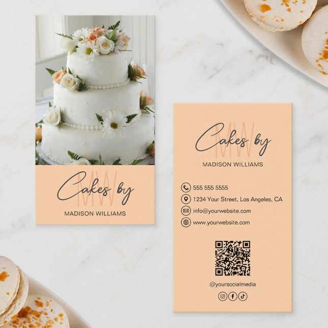 Carte De Visite Gâteau de boulangerie logo personnalisé monogramme (Bakery Cake Custom Monogram Logo Peach Business Card)