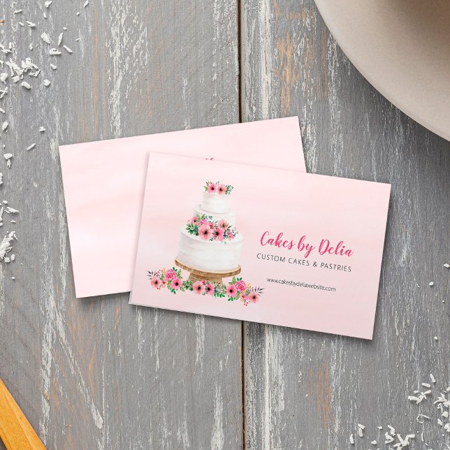 Carte De Visite Gâteau de mariage à l'aquarelle rose (Pink Watercolor Wedding Cake Business Card)