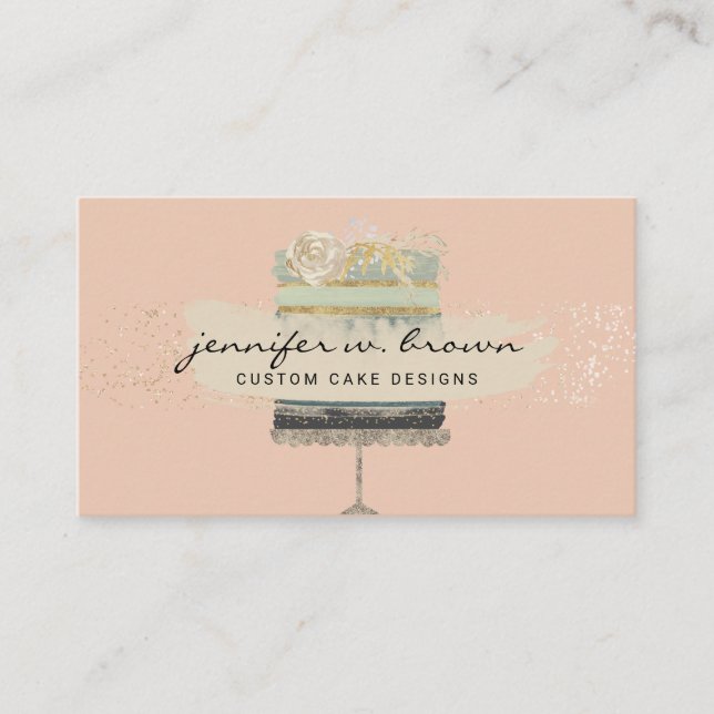 Carte De Visite Gâteau de Mariage Vert Clair sur Fond Rose (Devant)