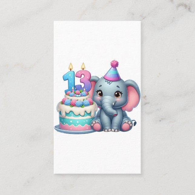 Carte De Visite Gâteau d'éléphant pour 13e anniversaire (Devant)