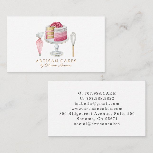 Carte De Visite Gâteau Élégant Boulangerie de gâteau aquarelle (Devant / Derrière)