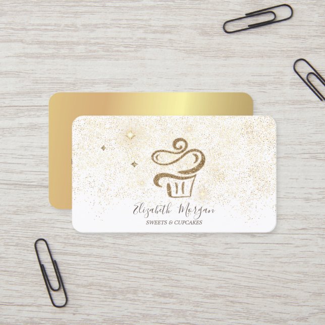 Carte De Visite Gâteau élégant moderne or confettis (Devant/Arrière en situation)