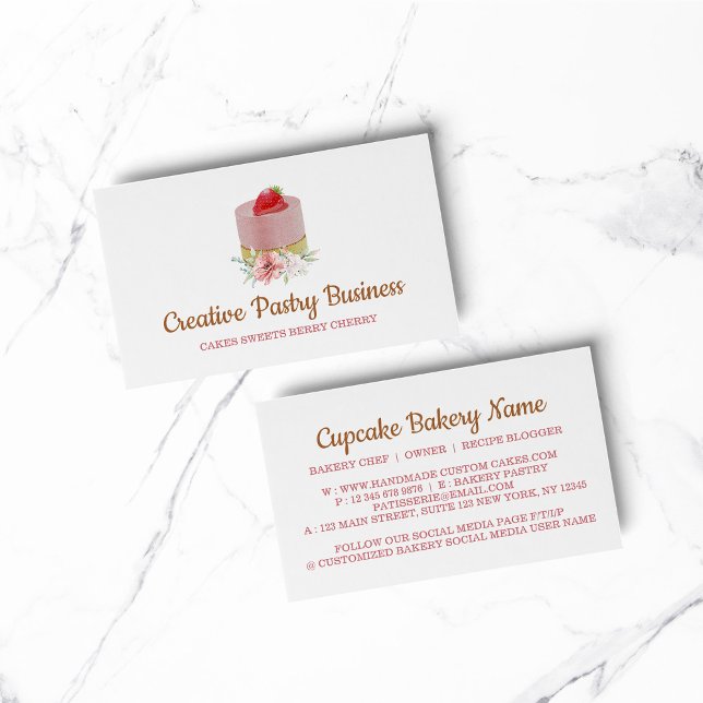 Carte De Visite Gâteau fraise rose pâtisserie (BAKERY PASTRY CHEF COOK CAKE event planner business)