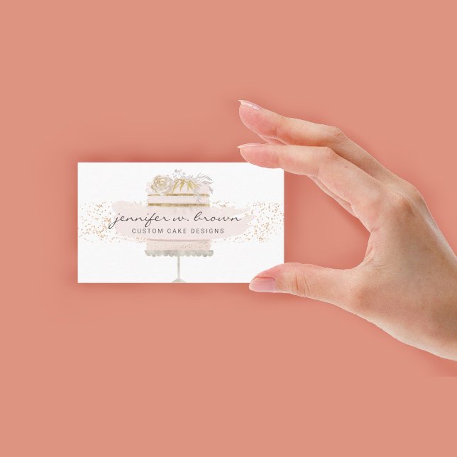 Carte De Visite Gâteau Rose Pailleté Boulangerie Pâtisserie Patiss (Glitter Pink Cake Floral Bakery Pastry Patisserie Business Card)