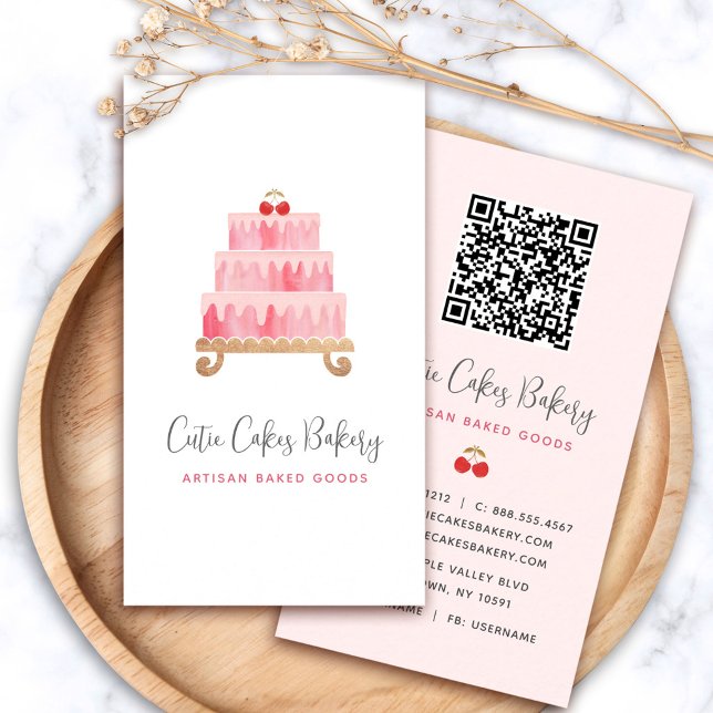 Carte De Visite Gâteau rose pastel Boulangerie Code QR Pâtissier M (Créateur téléchargé)