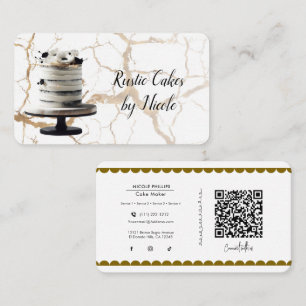 Carte De Visite Gâteau rustique marbré blanc et noir QR médias soc